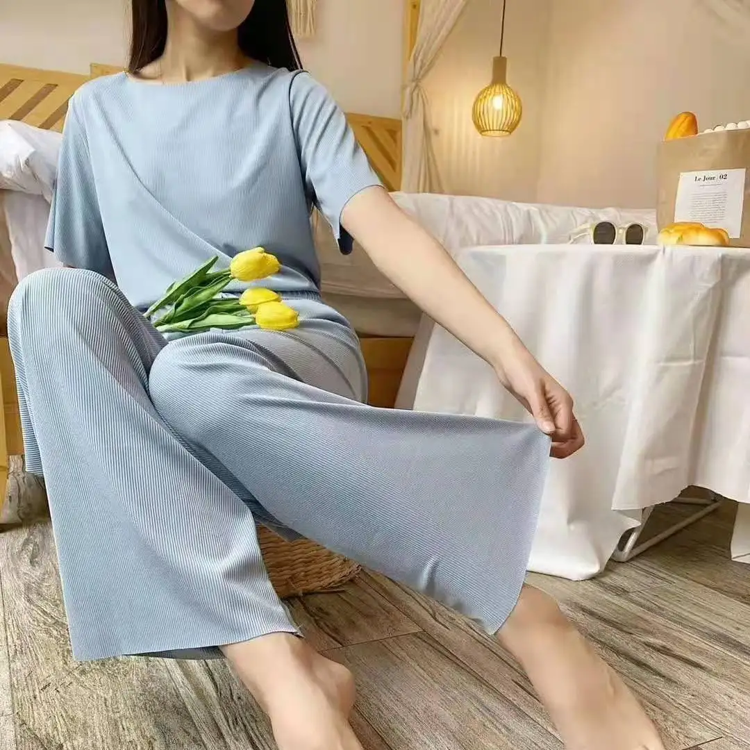 

2025 Fashion Summer Ice Silk Homewear 3Pcs/set Short Sleeves Sleeping Top Shorts Long Pant Pajamas Set Female Young Girl Pijamas