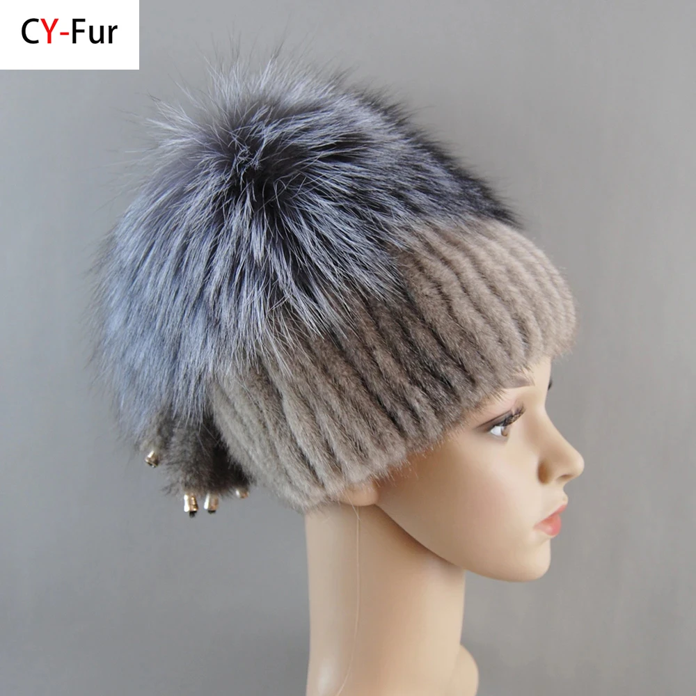 

Fashion Fox Fur Hats for Women Luxury Real Mink Cap Warm In The Winter Female Beanies Handmade Knitted Women Real Mink Hat Cap