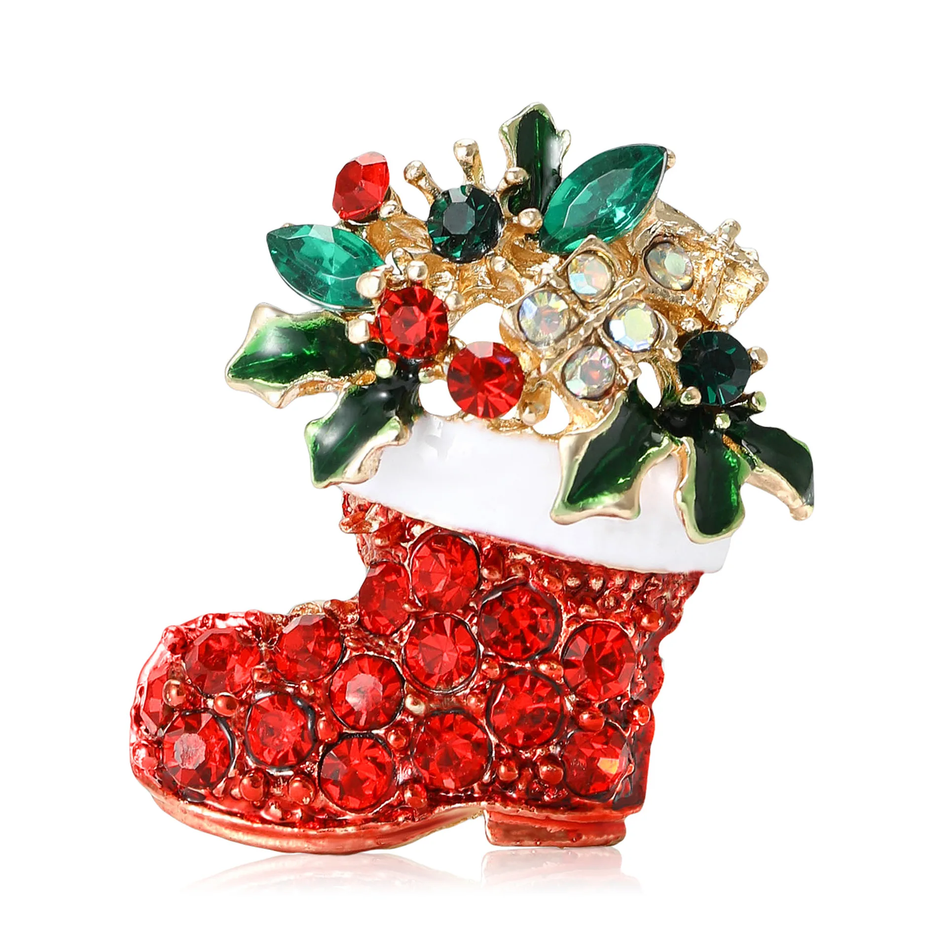 Christmas Stocking Brooch Badge Red Rhinestone Holly Leaf Enamel Lapel Pin Xmas Holiday Decoration Craft Gift