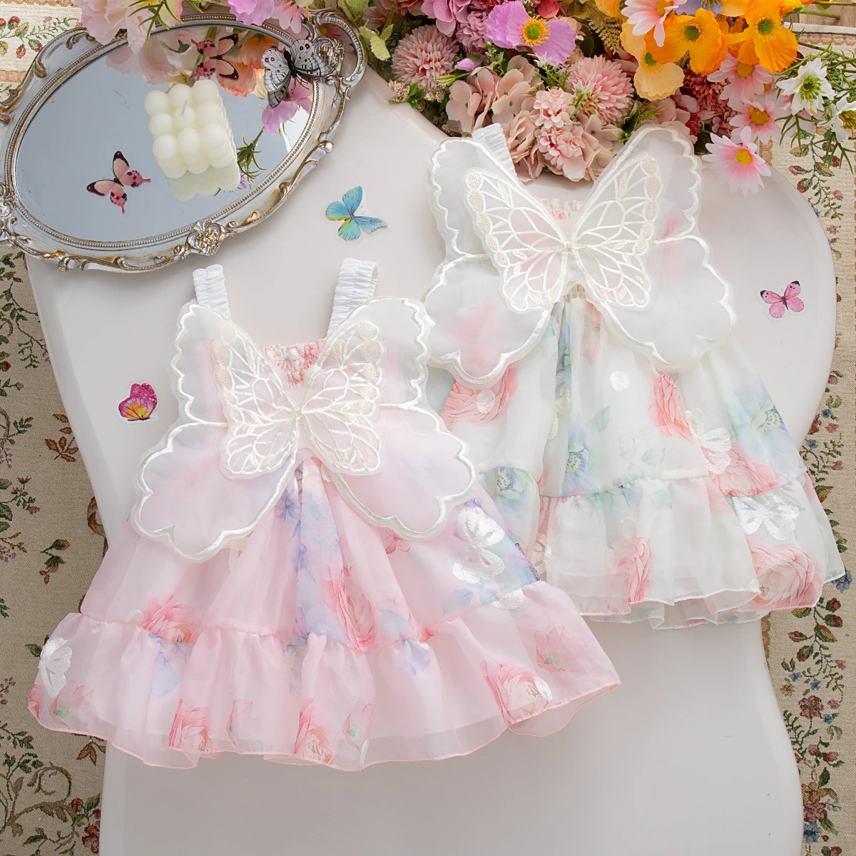 

Summer New Sweet Butterfly Baby Girl Princess Dress, Pink Flower Children'S Sleeveless Clothes (9 Months -3 Years Old)