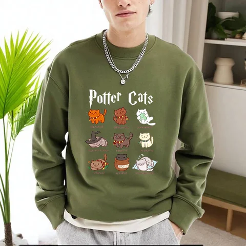 Mens New Fashion Potter Cat Harajuku Sweatshirt Outdoor Street Long Sleeve Round Neck Pullover Top