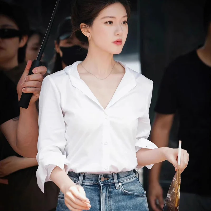 

Women's Solid White V-Neck Shirts Spring Summer Korean Fashion Versatile Long Sleeve Blouse Casual Commute Office Lady Shirt