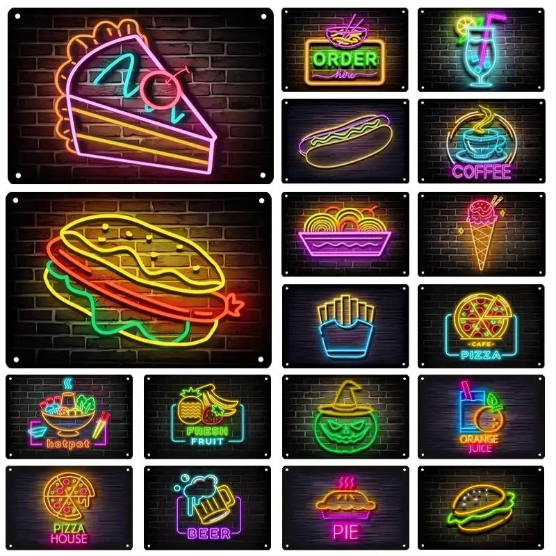 Neon comida metal estanho sinal hambúrguer pizza cartaz placa estanho pintura sinal bar clube restaurante festa arte da parede decoração de casa painel mural