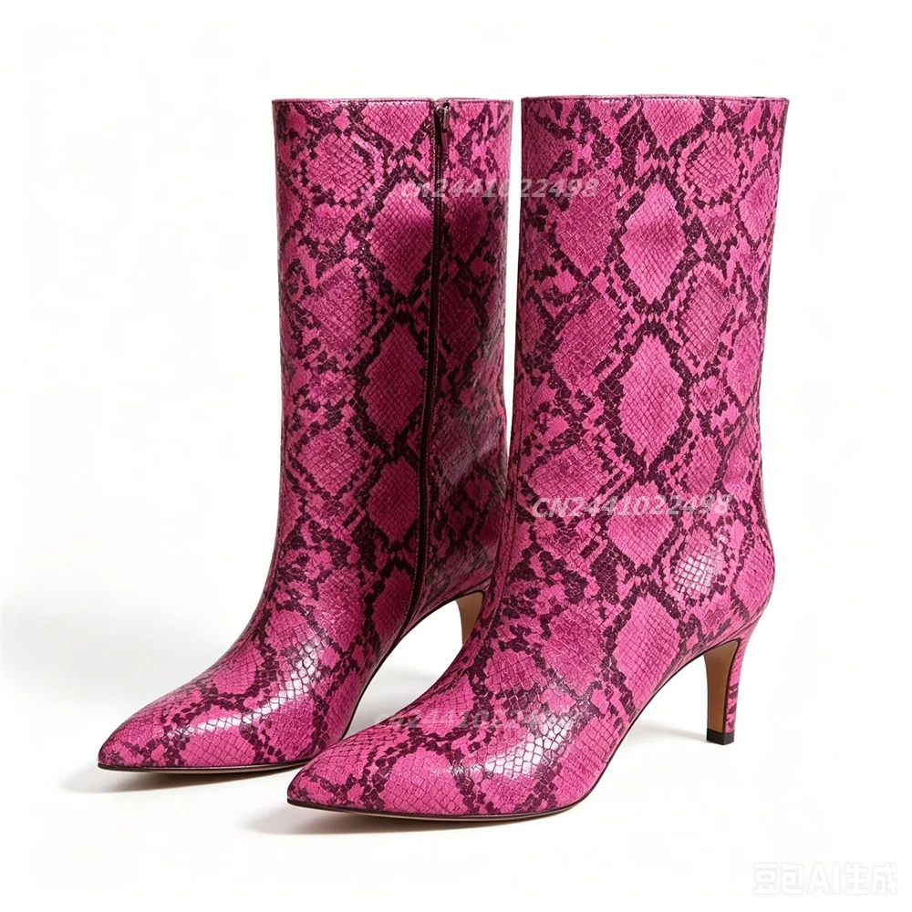 Women's Green Snakeskin Print Pointed Toe Mid Calf Stiletto Boots, Side Inner Zip Decor Matte Leather  Thin High Heel Ankle Shoe
