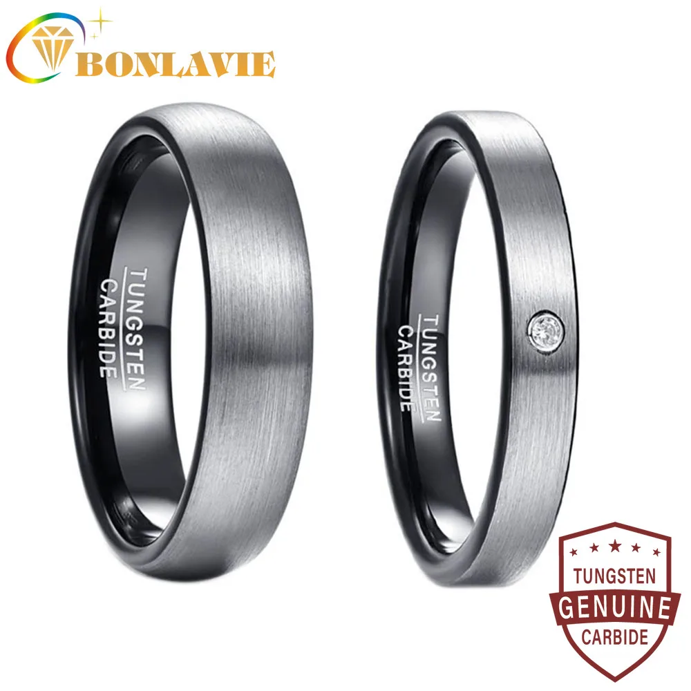 BONLAVIE 6mm 4mm Tungsten Carbide Rings for Men Women Brushed Finish Couple Wedding Band Sets Comfort Fit Size 7-14