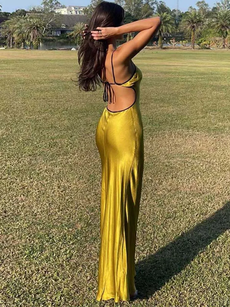 Vestido largo sin mangas con espalda descubierta para mujer, traje elegante y Sexy de retazos con cordones, a la moda para fiesta en la playa, 2024