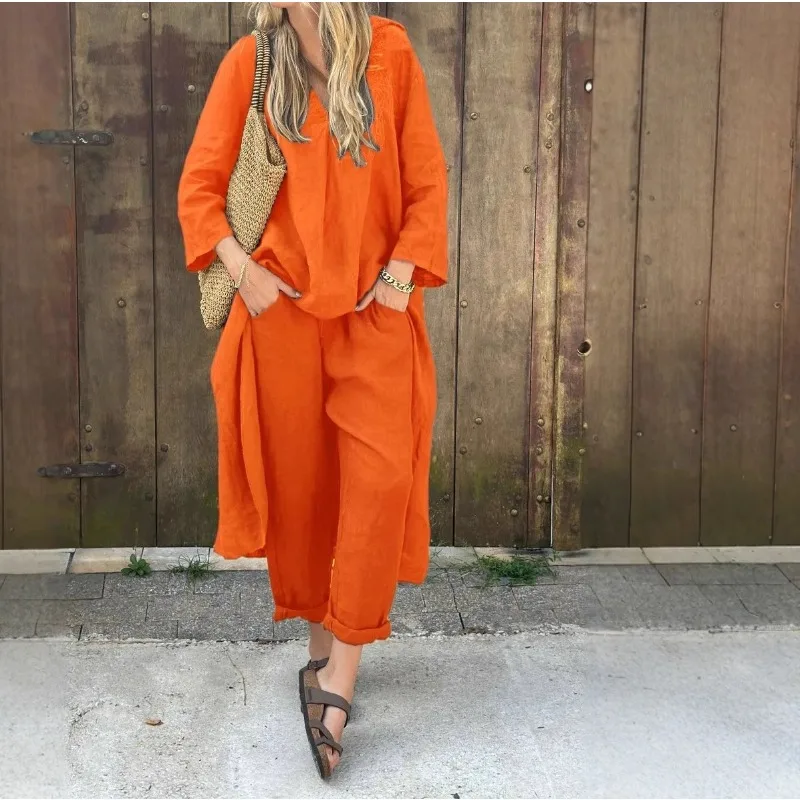 

2025 New Fall and Winter Loose Women's 2-Piece Set Plus Size Cotton and Linen Shirt Set High Waist Loose Pants