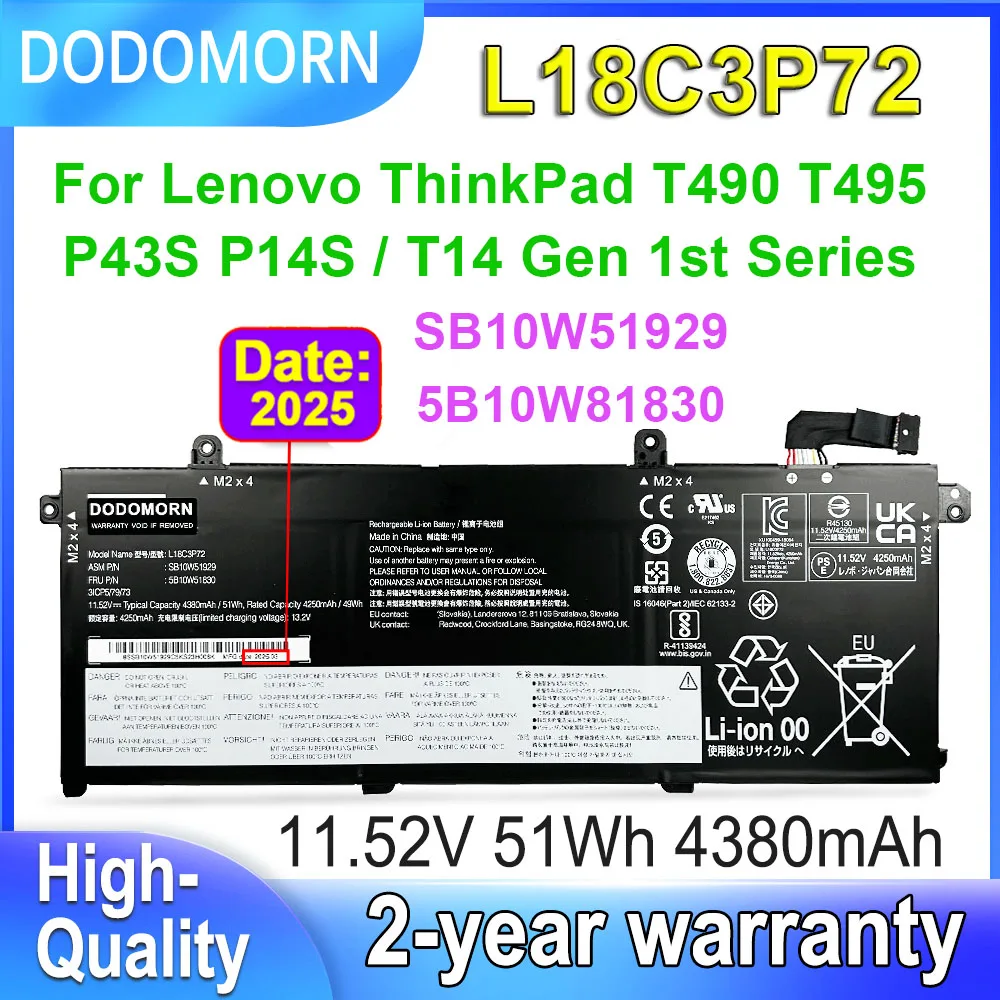 

DODOMORN L18C3P72 For Lenovo ThinkPad T495 T490 P43S,P14S T14 Gen 1st Series Laptop Battery 11.52V 51Wh SB10W51929 5B10W51830