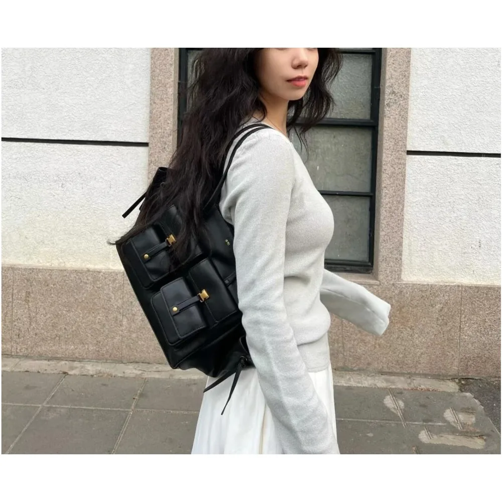 

JW Pei Linda Pocket Bag Motorcycle Handbag Large Capacity Commuter Tote Bag Women's Genuine Leather Shoulder Bag