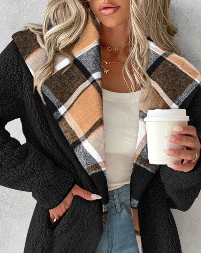 2023 Autumn Winter Spring New Fashion Casual Elegant Colorblock Plaid Pattern Longline Teddy Coat Female Clothing Outfits