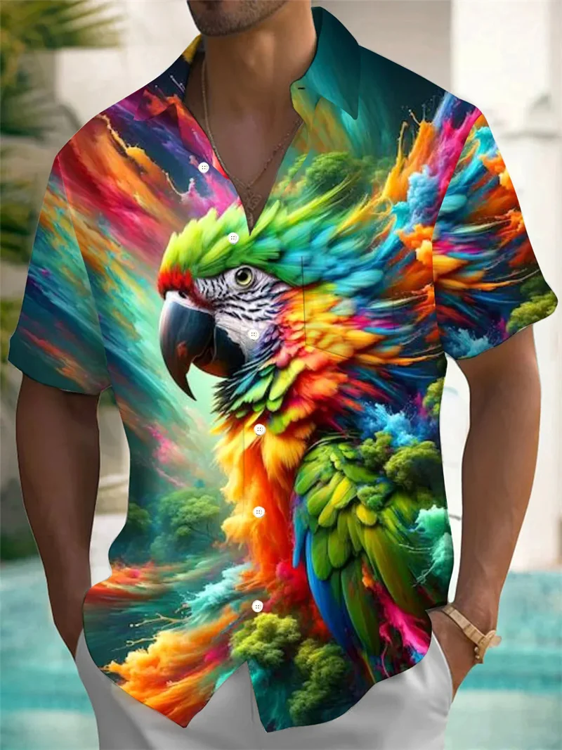 

Flip collar fashionable Hawaiian shirt short sleeved fashionable casual soft men's shirt 2024 high-end printed rainbow parrot