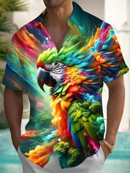 Flip collar fashionable Hawaiian shirt short sleeved fashionable casual soft men's shirt 2024 high-end printed rainbow parrot