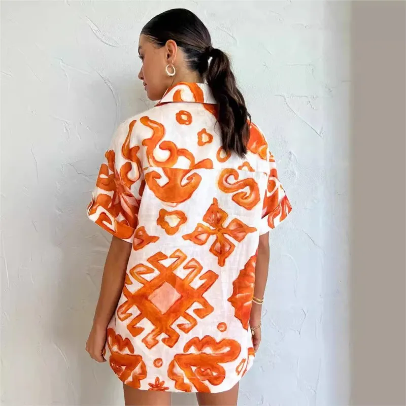 Summer Women\'s Casual Orange Printed Shorts Fashion Collar Short Sleeved Loose Pocket Loose Shirt 2-piece Set Брючные Комплекты