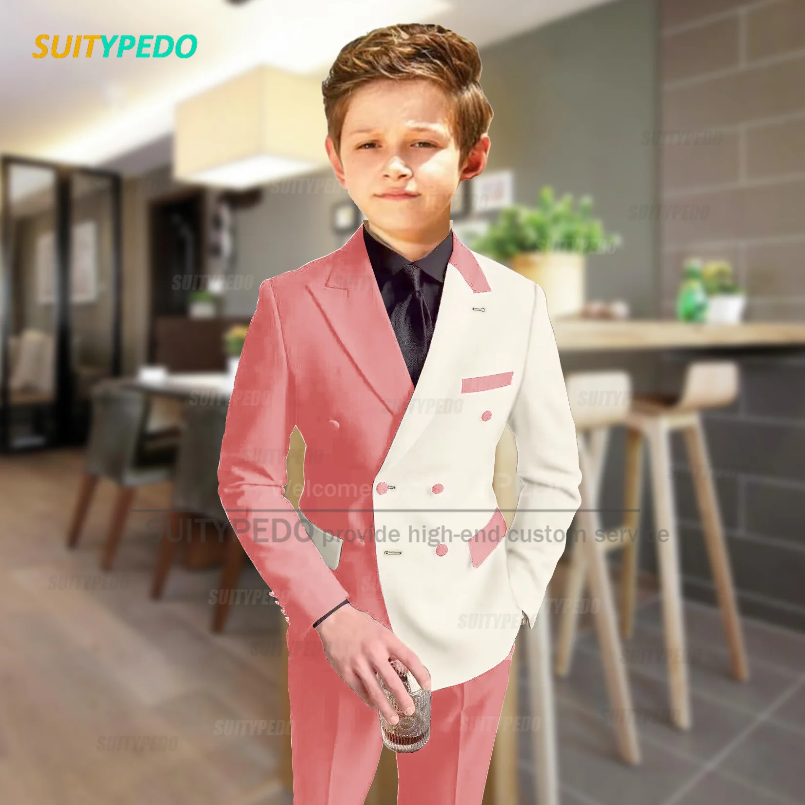 Fashion Boys Suit Set School Activities Formal Children Outfits Custom Slim Fit Double Breasted Blazer Pants Two Pieces For Kids