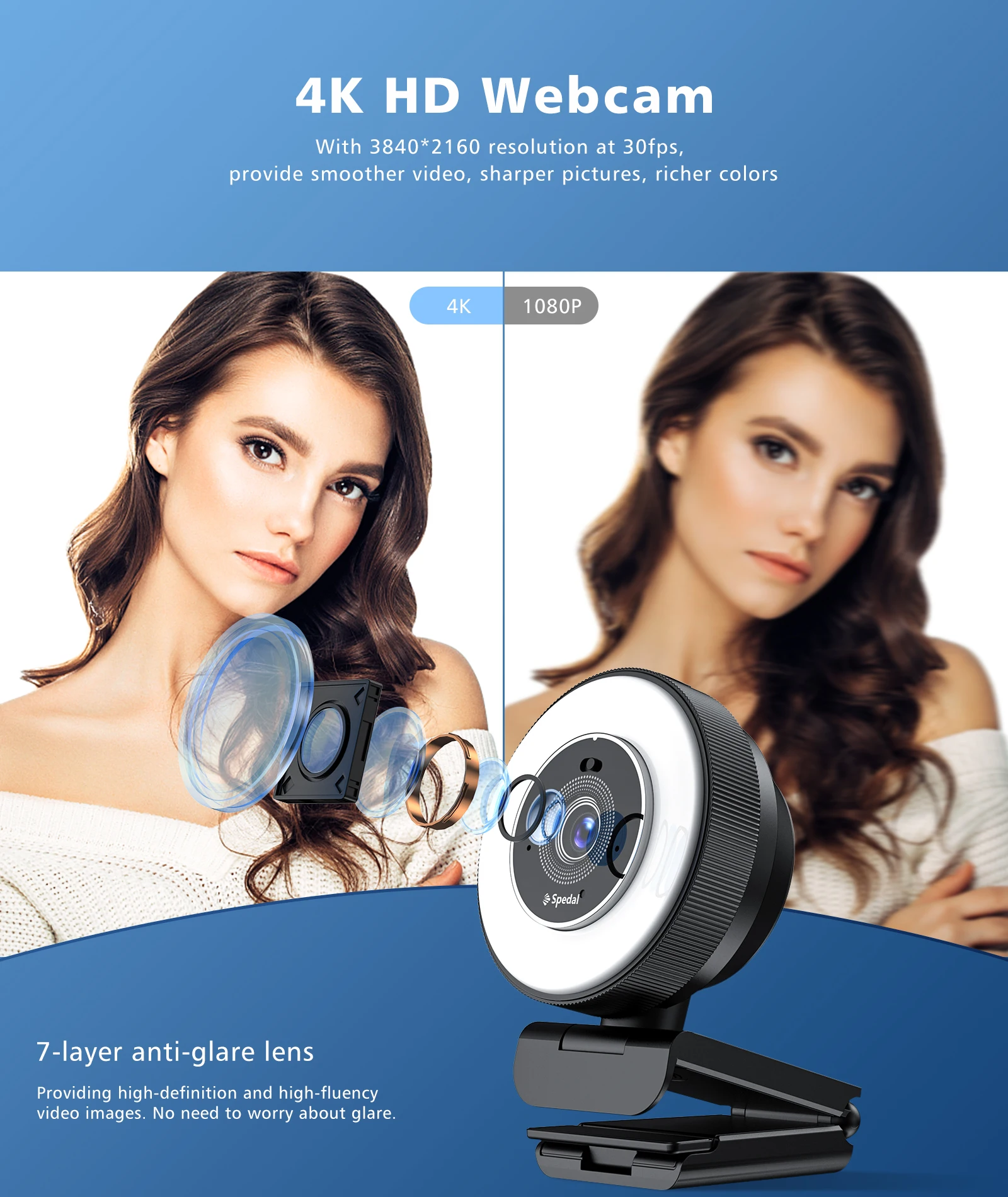 Spedal AF966 HD Webcam 4k 30fps  with Adjustable Ring Light and Microphone, Autofocus Webcam with Privacy Cover,  Zoom Skyp