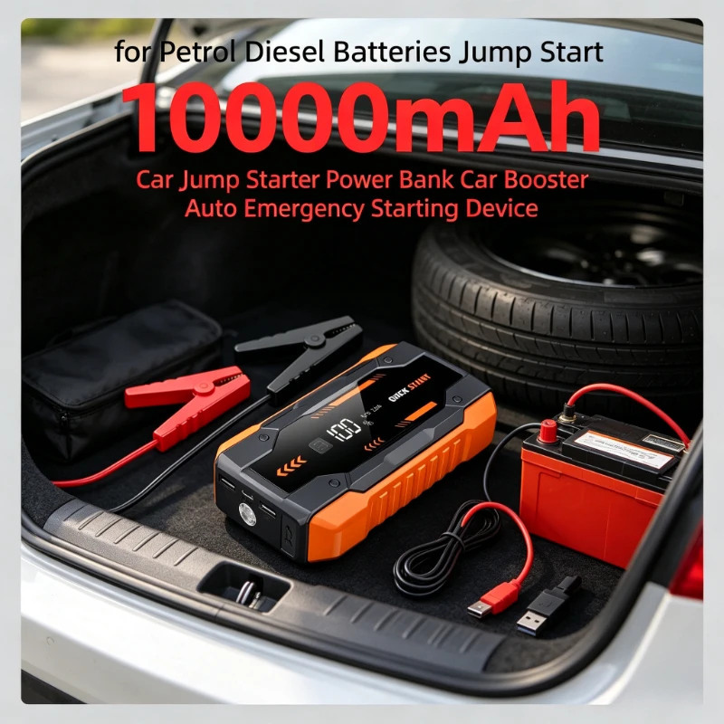 Car Jump Starter Power Bank 10000mAh, Heavy‑Duty Safety Protection Auto Emergency Jump Start Device for Petrol Diesel Batteries