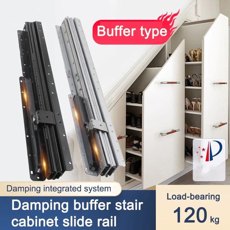 Heavy Duty Stair Slide with Damping Buffer Cabinet Guide Rail Cold Rolled Steel Locker Pull Slide Rail Three Section Track