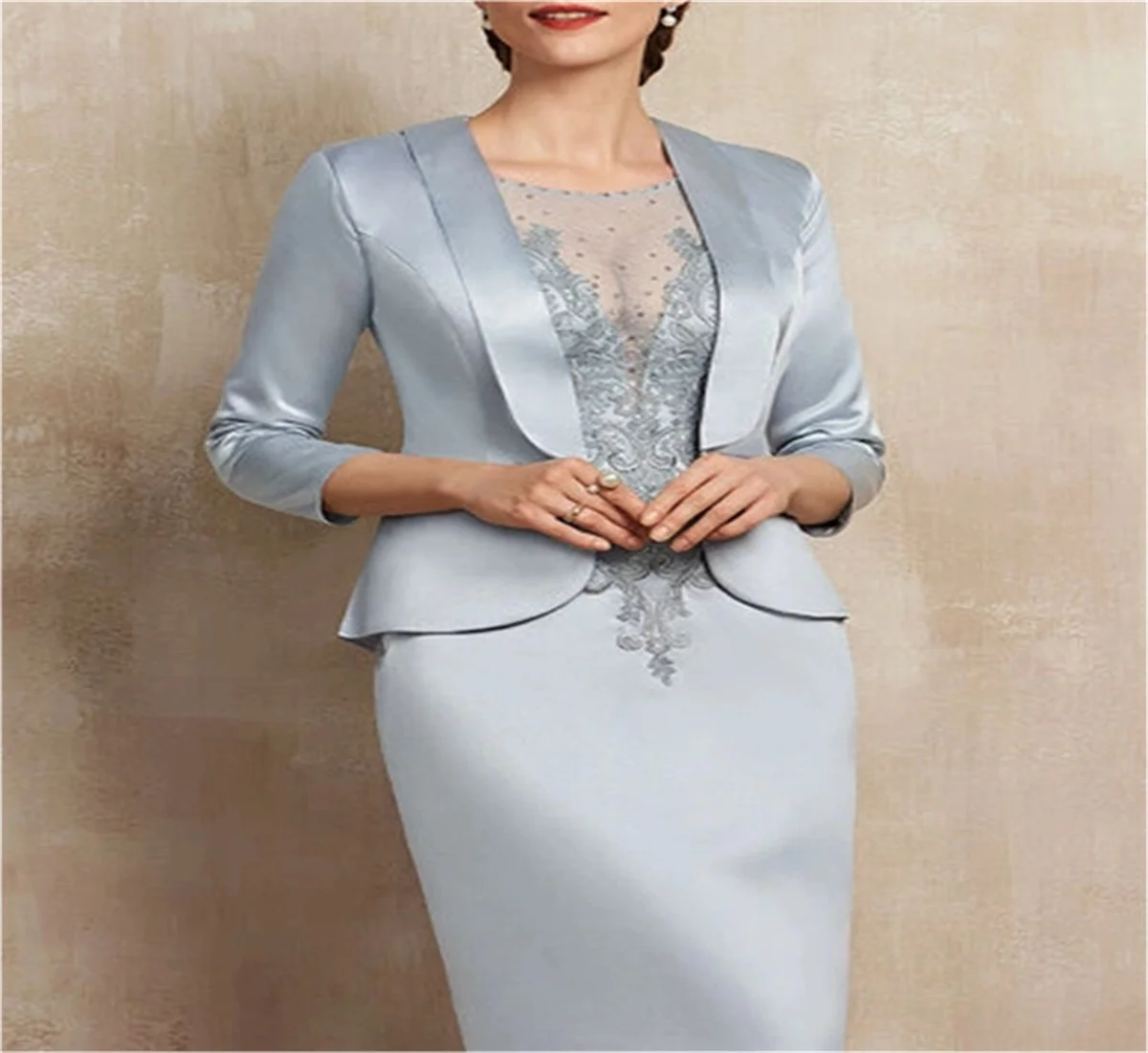 Robe de soirée en satin bleu pour mère de mariée, col rond, patch en dentelle, manches longues, ensemble de duo Kan initié, fermeture éclair élégante, taille personnalisée