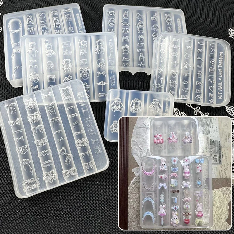 

3D украшения для дизайна ногтей, медведь, кролик, силиконовая форма для резьбы, УФ-гель-лак, трафареты для штамповки, рельефный бант, дизайн «сделай сам», подвеска для ногтей