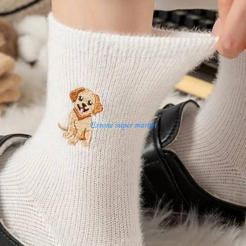 

090B 5 Pair Elastic Fleece Ankle Socks Feature Fun Animals for Girl Women Thermal for Warmth Comfortable Seamless Design