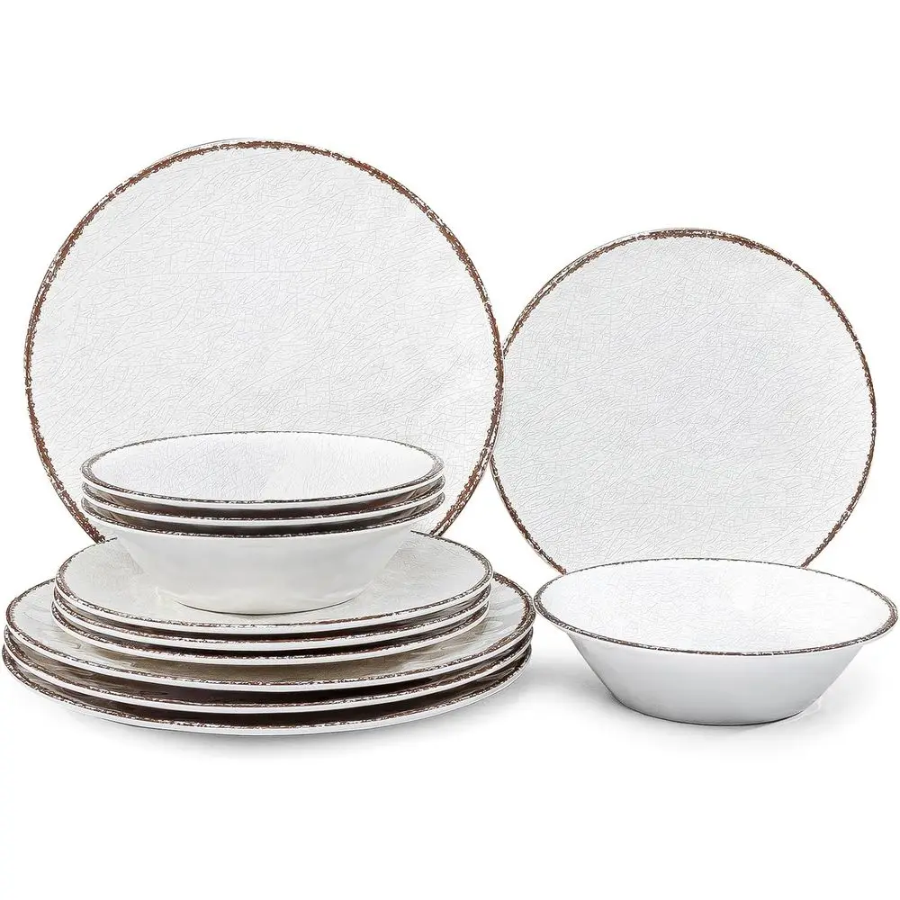 Rustic White Melamine Dinnerware Set for 4, Suitable for RV and Camping, Dishwasher Safe