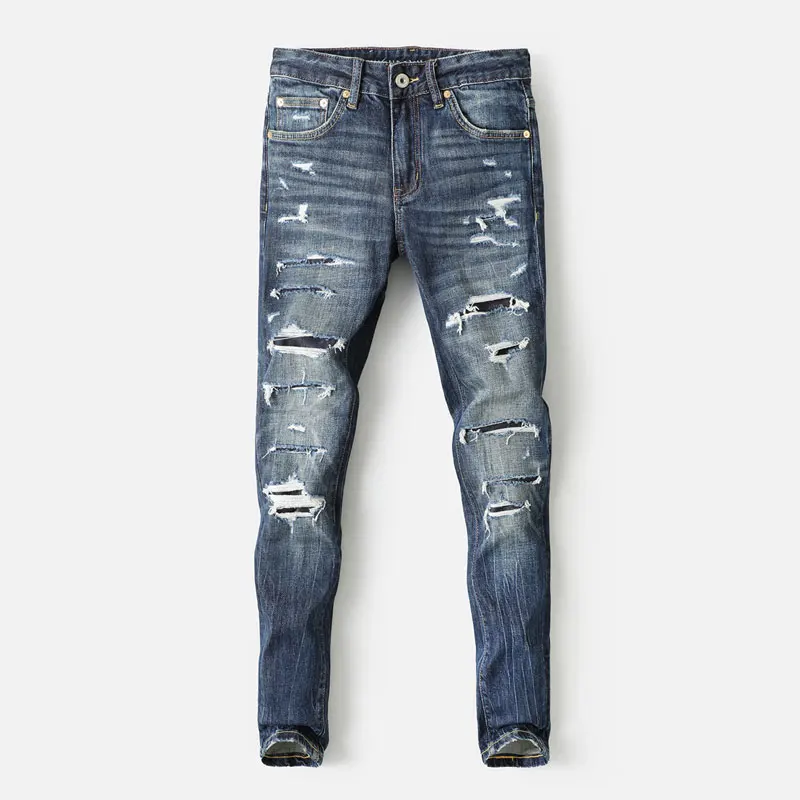 

Designer fashion new men's jeans nostalgic stretch slim fit retro washed blue perforated jeans Italian casual pants hombre