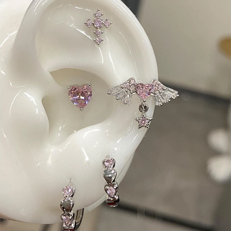 1 قطعة أجنحة القلب الوردي دلاية شكل نجمة الأذن العظام مسمار 316L الفولاذ المقاوم للصدأ ثقب القرط Y2K مجوهرات بسيطة النساء اكسسوارات