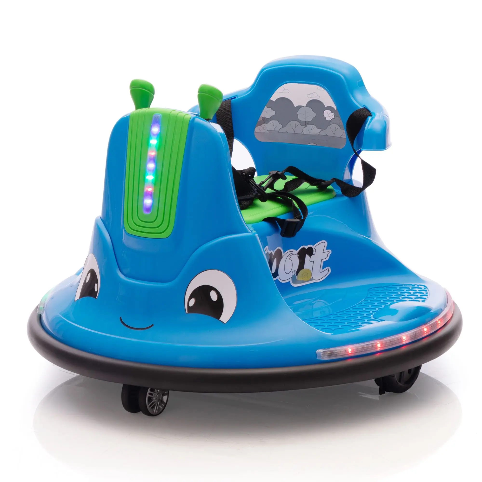 Carro de pára-choque elétrico infantil em forma de caracol 12V com controle remoto, passeio em carro com luzes LED, música, rotação de 360 graus