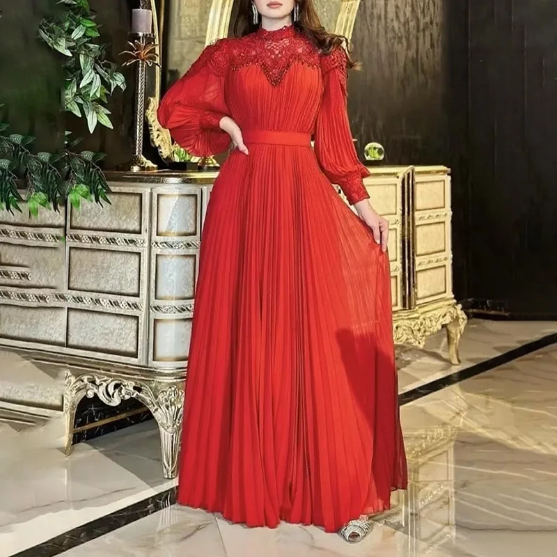

2025 New Summer Solid Color Waist-Cinching Stand Collar Long Sleeve Flared Chiffon Elegant Dress Long Gown