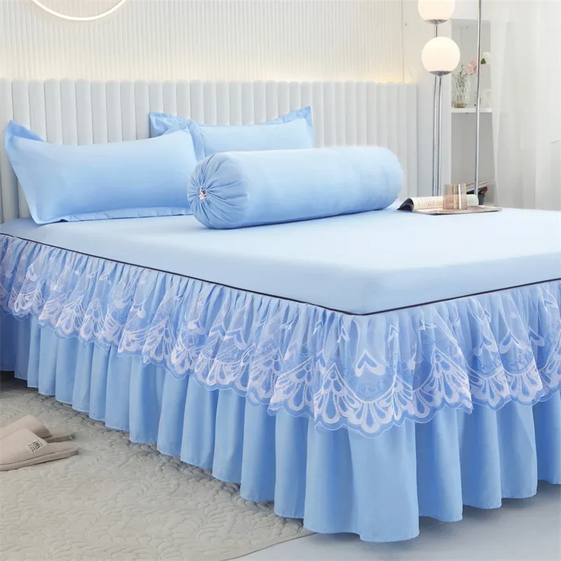 New solid color lace bed skirt three-piece set of polished bed cover factory direct sales