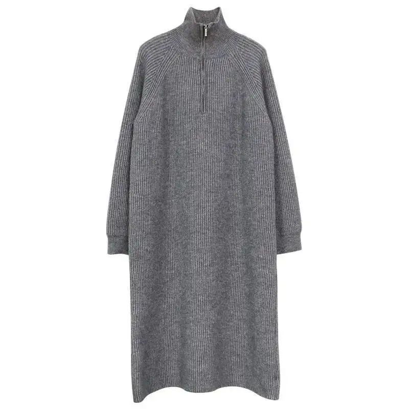Women's Knitting Dress 2026 Spring Turtleneck Knit Dress Zip Up Thickened Mid Length Over Knee Loose Inner Wear