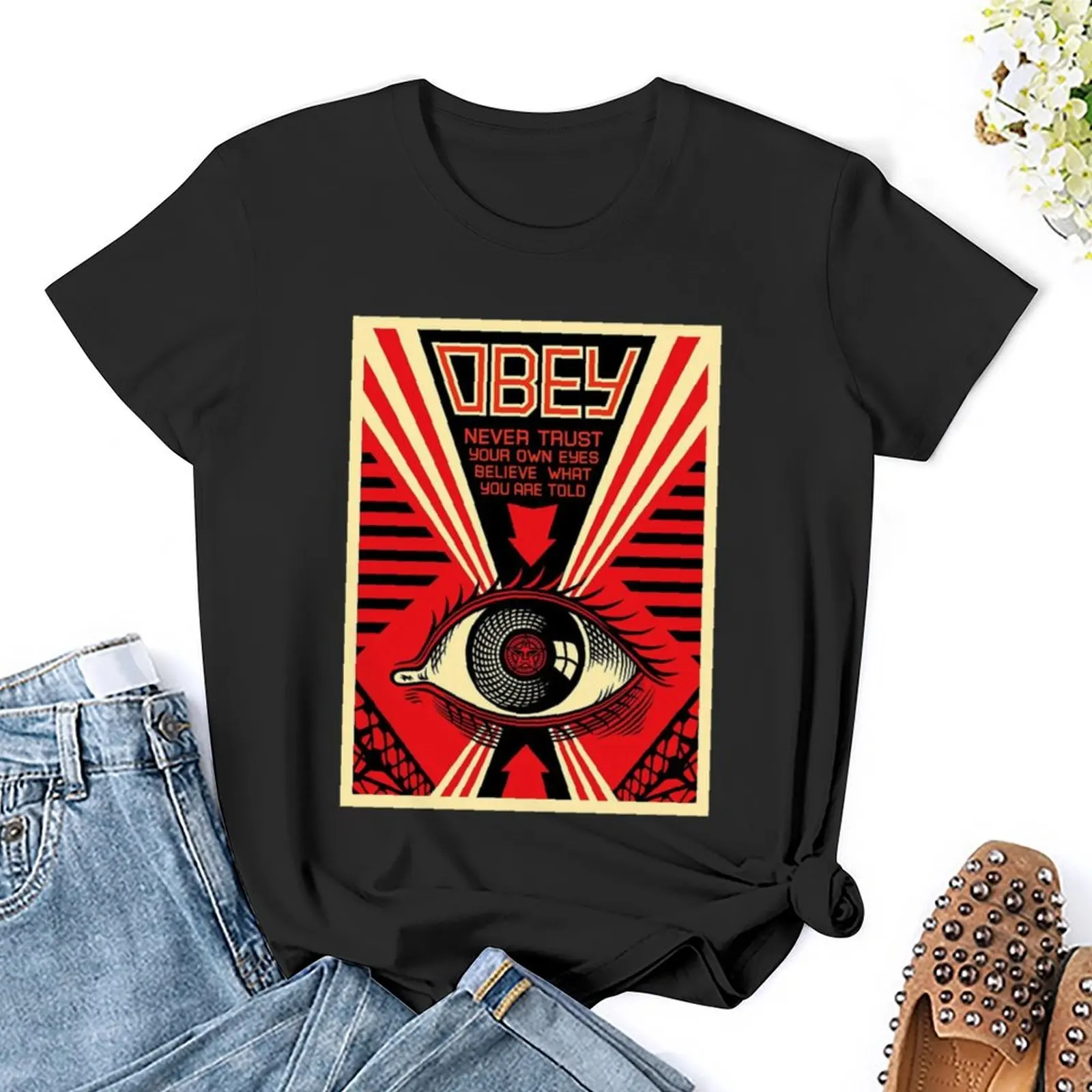 shepard fairey-Never trust your own eyes believe what you are told T-Shirt heavyweights anime clothes Womens clothing