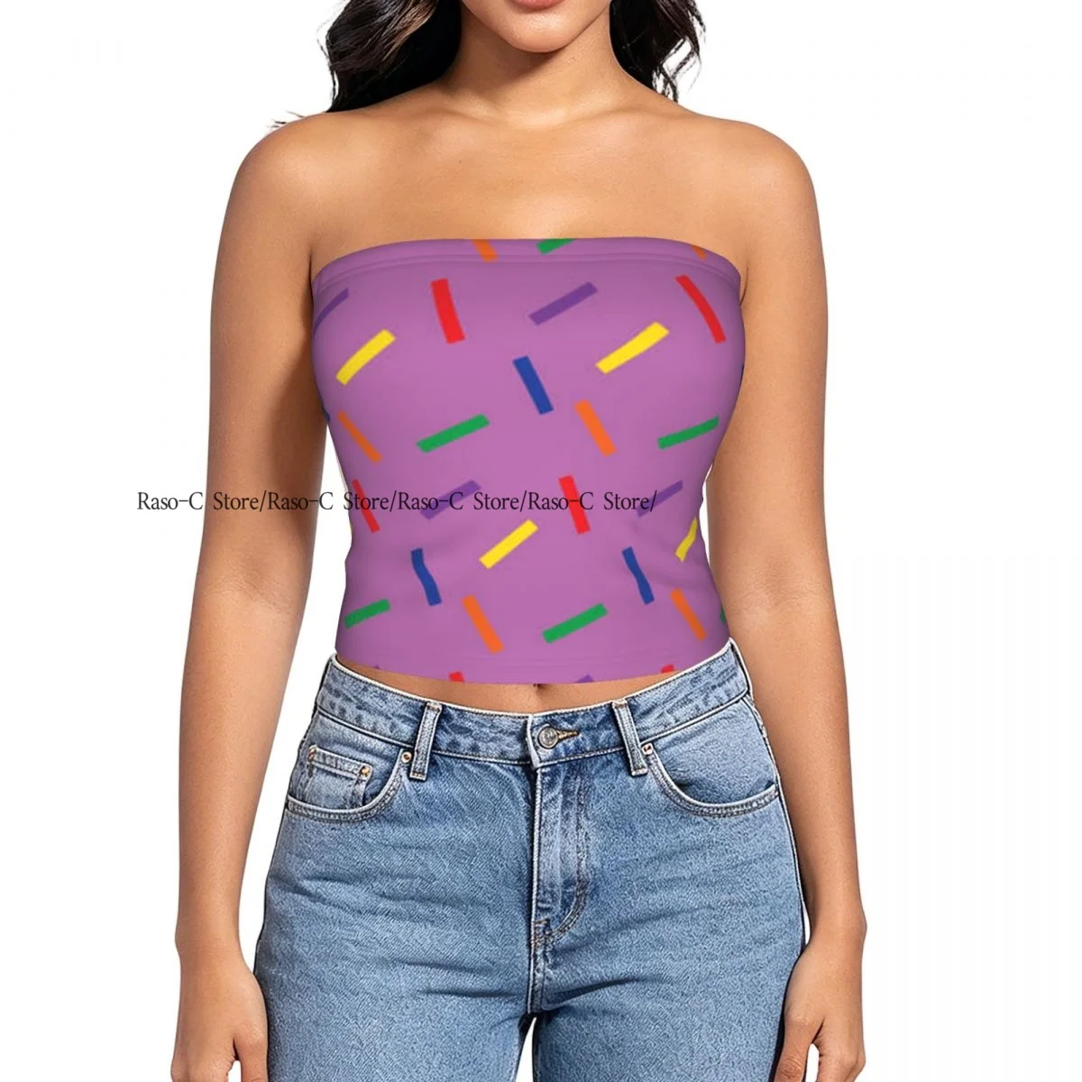 Women strapless blouses sleeveless Colorful Sticks Print halter-neck sexy short-sleeved blouses