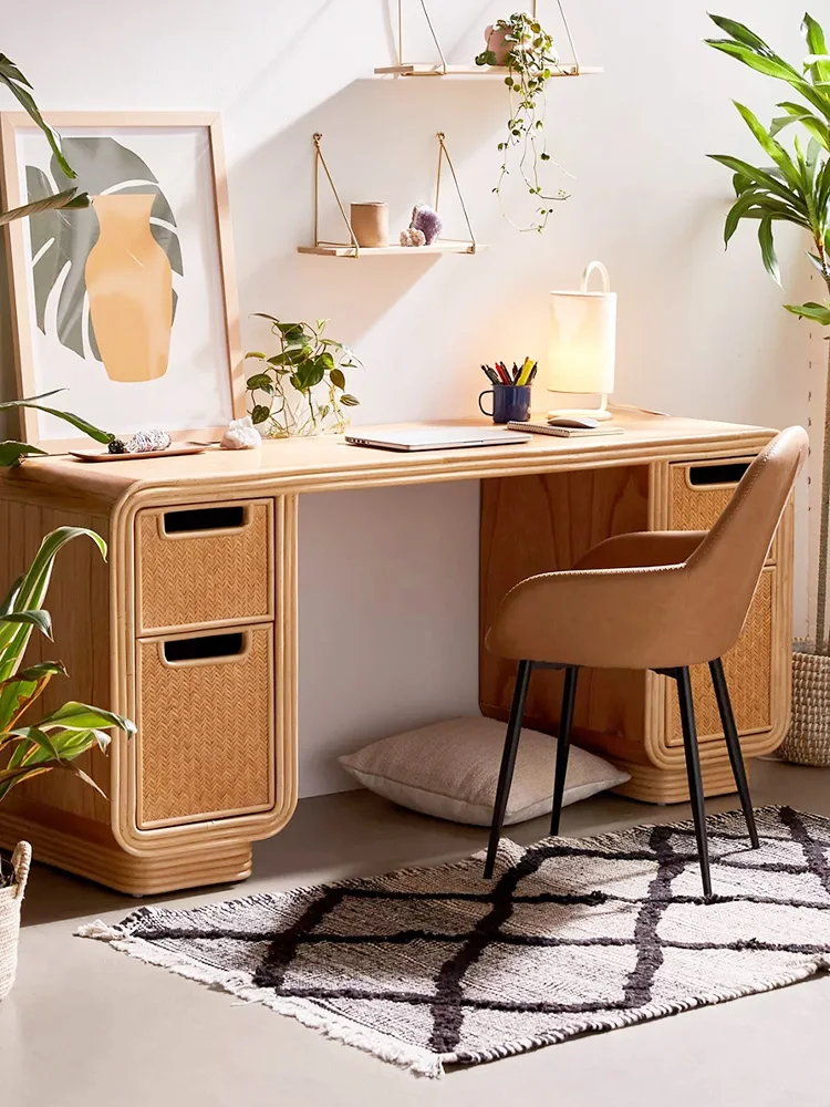 Nordic solid wood desk, home rattan woven writing desk, retro designer, small unit with drawers, storage computer desk