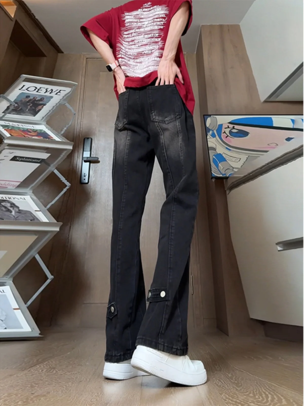 

Мужские джинсы Bla на пуговицах в американском уличном стиле с пэчворк-дизайном, с высокой талией, прямые брюки из хлопка и полиэстера