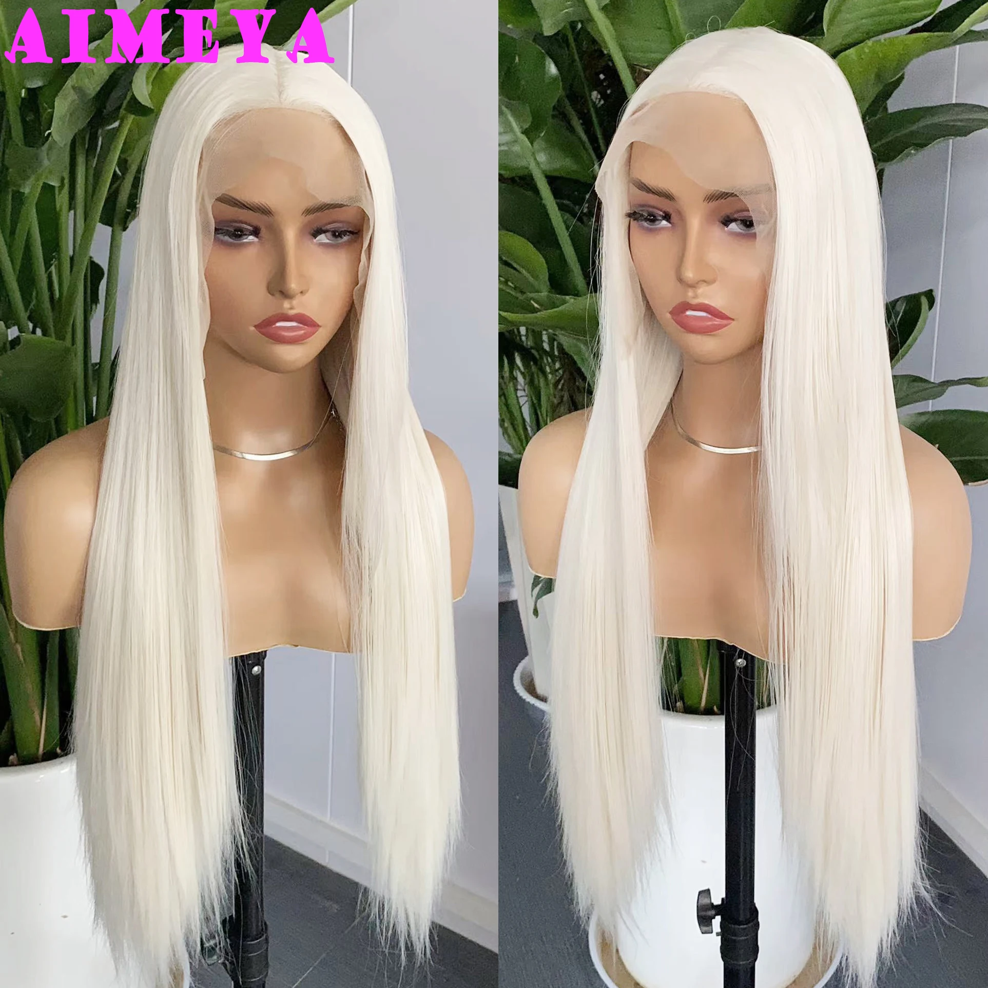 AIMEYA 13X6 Platinum Blonde Lace Front Wig Long Silk Straight Synthetic Wig for Women Free Part Big Lace Hair Daily Use