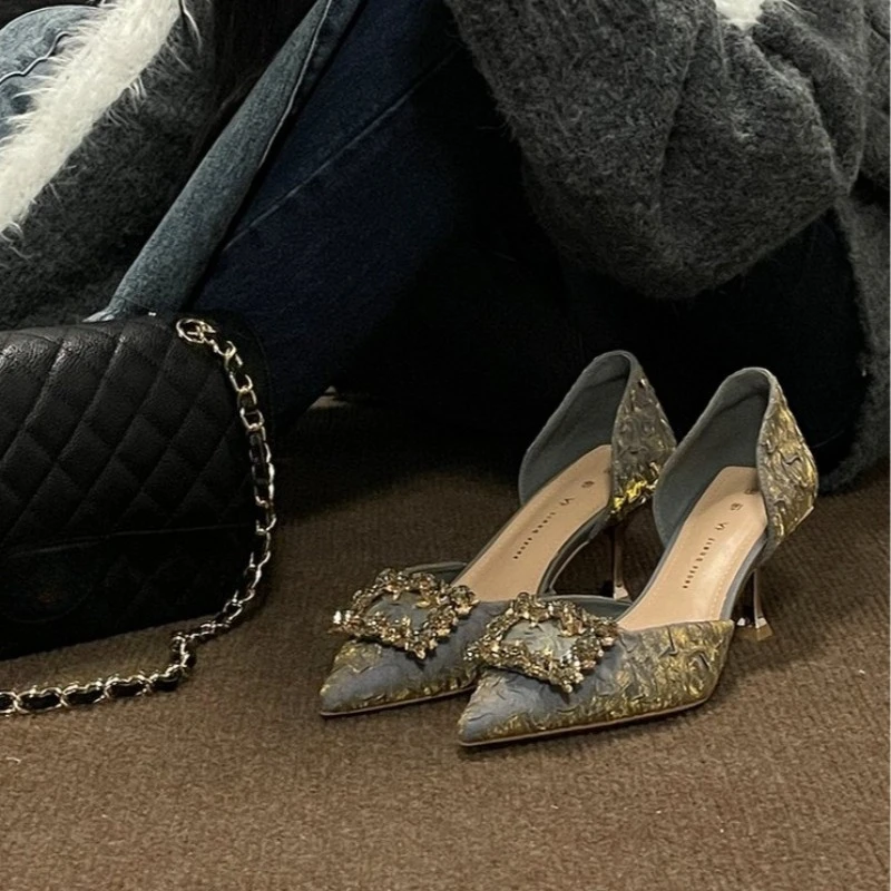 Fashionable crystal square buckle exquisite high-heeled shoes. Ladies' 2026 summer blue pointed-toe elegant stiletto sandals