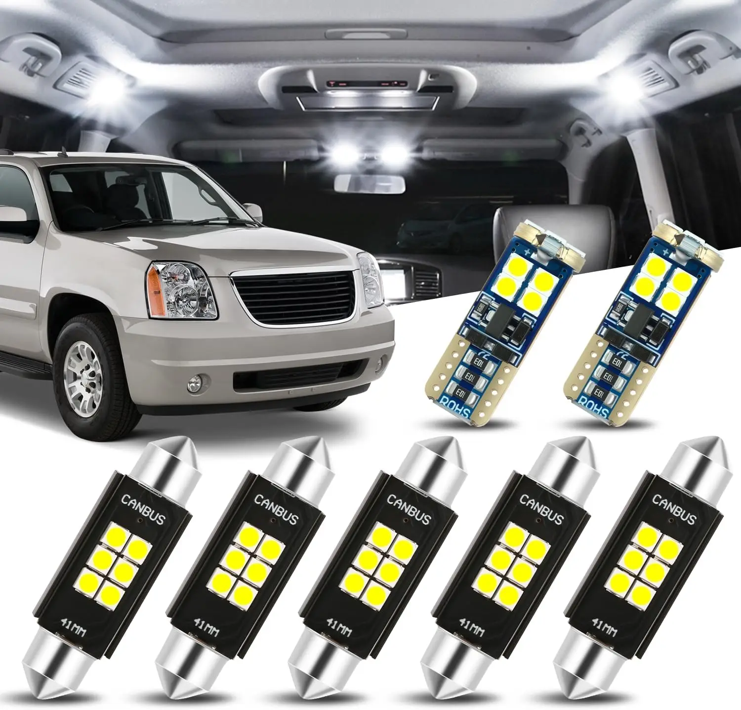 

7 Pieces 12V 5500K Interior Car Dome Map Cargo License Plate LED Light Bulbs Kit Compatible with GMC Yukon 2007-2014 -Pure White