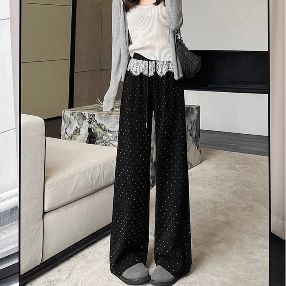 

Soft Lace Straight Leg Pants Drawstring High Waist Women Casual Pants Trousers Streetwear Wide Leg Loose Pants Daily