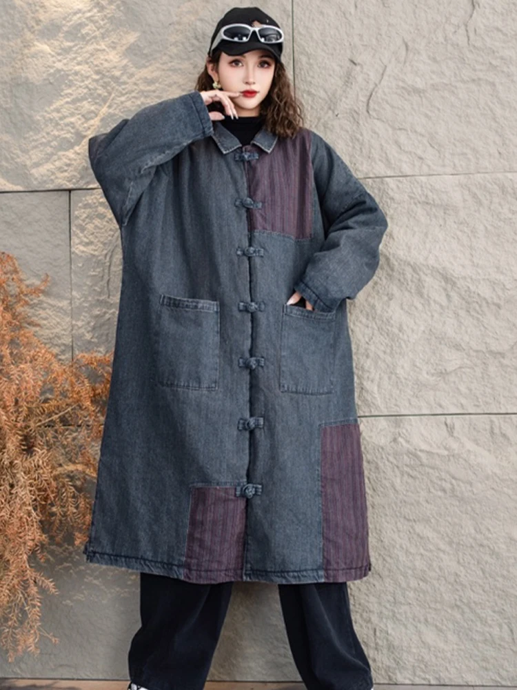 Amax lulue chinês inverno longo parkas das mulheres do vintage moda solta denim acolchoado jaquetas senhoras clássico casual engrossar casacos quentes