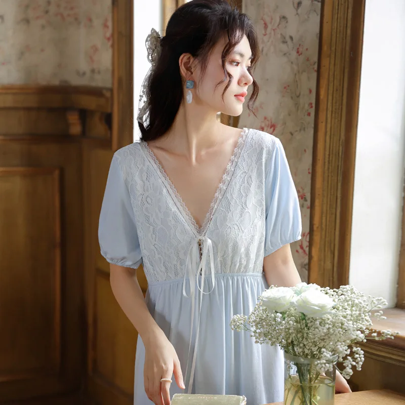 

Cotton Palace Style Lace Princess Nightgown Summer Women's Nightdress Sexy Hollow Back Sleepwear Loose V-Neck Homewear