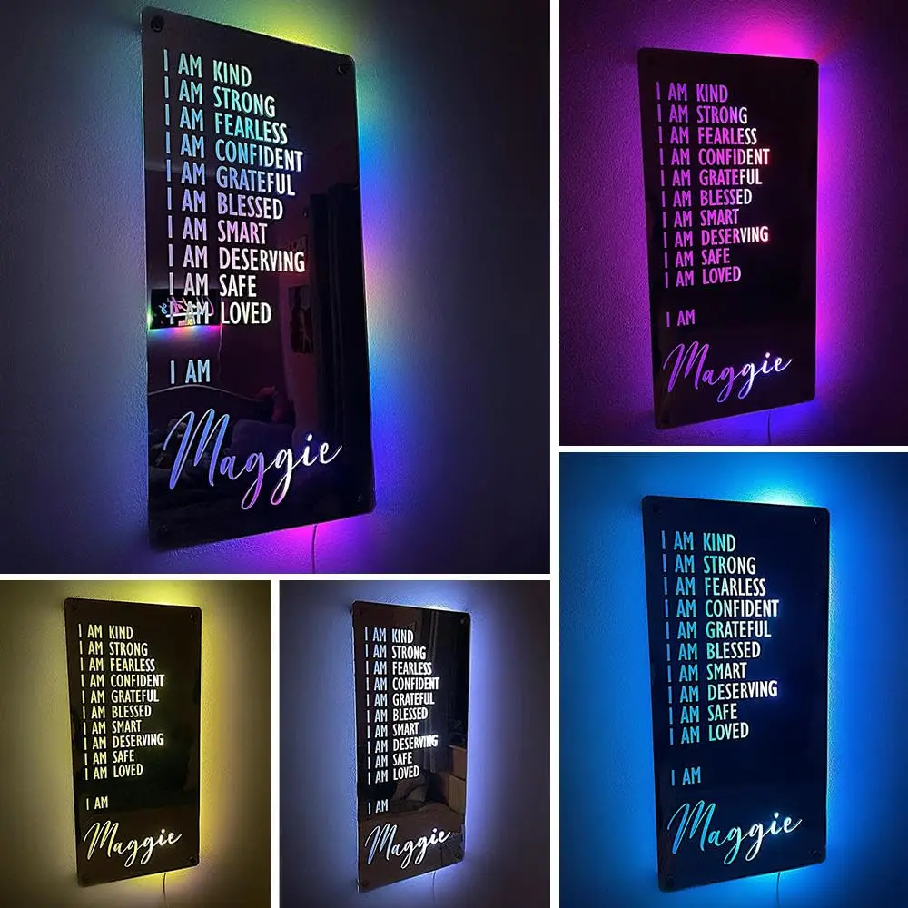 개인화 된 사용자 정의 이름 거울 발광 다이오드 조명 거울 침실 거실 벽 장식 거울 엄마 사용자 정의