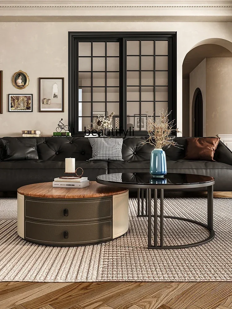 

02C French Living Room Home Glass Saddle Leather Size round Coffee Table Combination