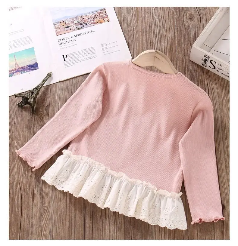 Herbst Neuheiten Mädchen T-Shirts mit Knöpfen Spitzen-Patchwork Langarm-Blusen Bequeme Oberteile für Kinder Mädchenkleidung – Detail 17