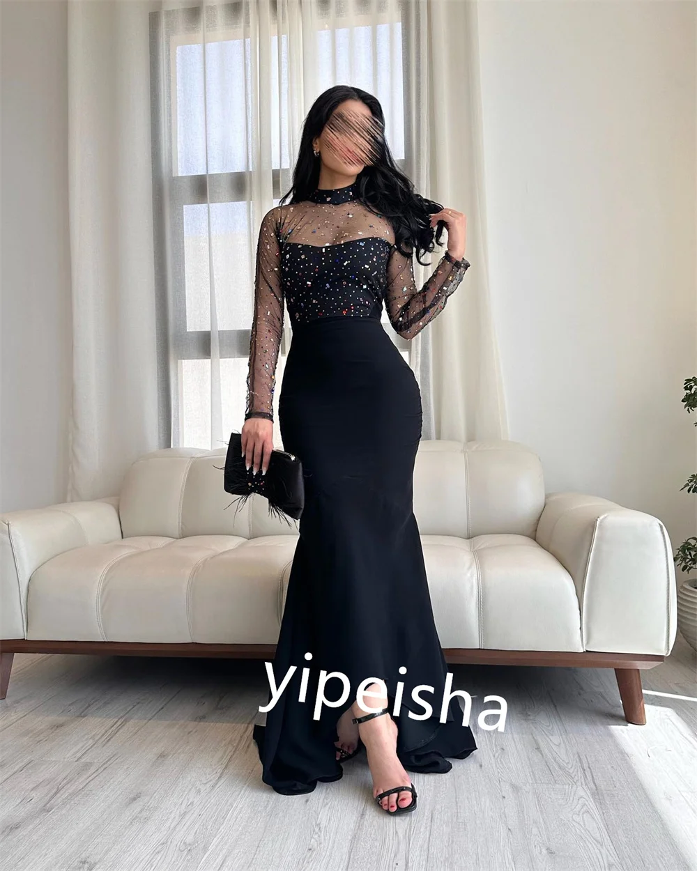 Customized Formal Jersey Sequined Ruched A-line High Collar Long Dresses Evening Dresses Casual Simple Retro Fashion Elegant Exq