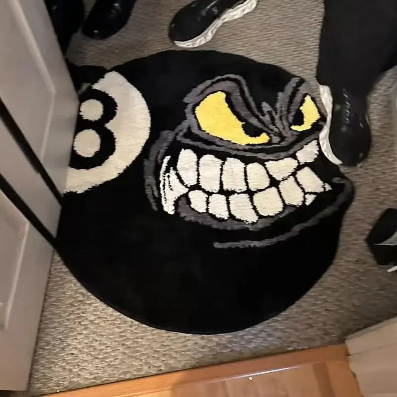Angry 8 Ball Cartoon Teppich Schwarz Billard 8 Ball Geformter Teppich Rutschfester Weicher Bodenteppich für Schlafzimmer Gaming-Raum