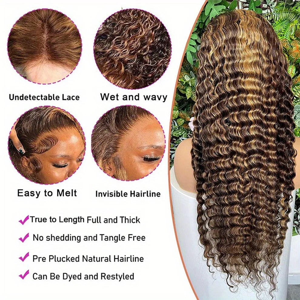 Ombre Highlight Deep Wave Lace Front Wigs Human Hair 4/27 Colored Plucked 13x4 HD Transparent Curly Lace Frontal Wig for Women Highlight Ombre Lace Front Wig Human Hair 13x4 HD Honey Blonde 4/27 Deep Wave Straight Lace Frontal Wigs - view 7