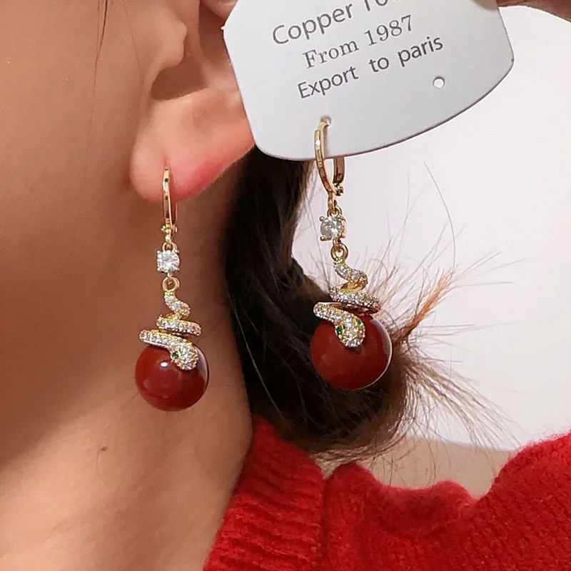 

Luxurious Zircon Snake Red Pearl Pendant Earrings For Women Fashionable Daily Accessory Party Jewelry Birthday Anniversary Gifts