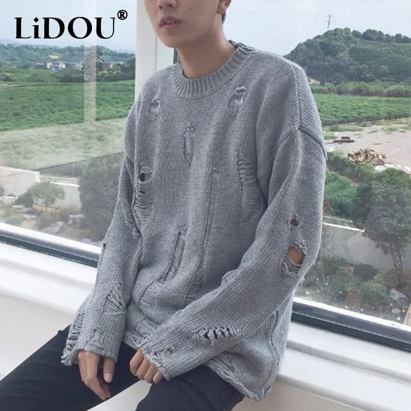 

2023 Autumn Winter New Solid Color Round Neck Long Sleeve Loose Sweater Man High Street Hollow Out Personality All-match Tops