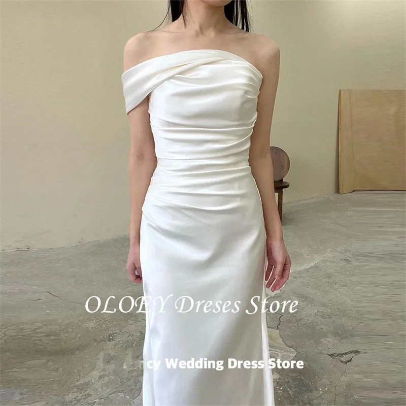 OLOEY Elegant One Shoulder Soft Korea Satin Wedding Dress Photo Shoot Sleeveless A Line Bridal Gown Sweep 웨딩드레스 customized